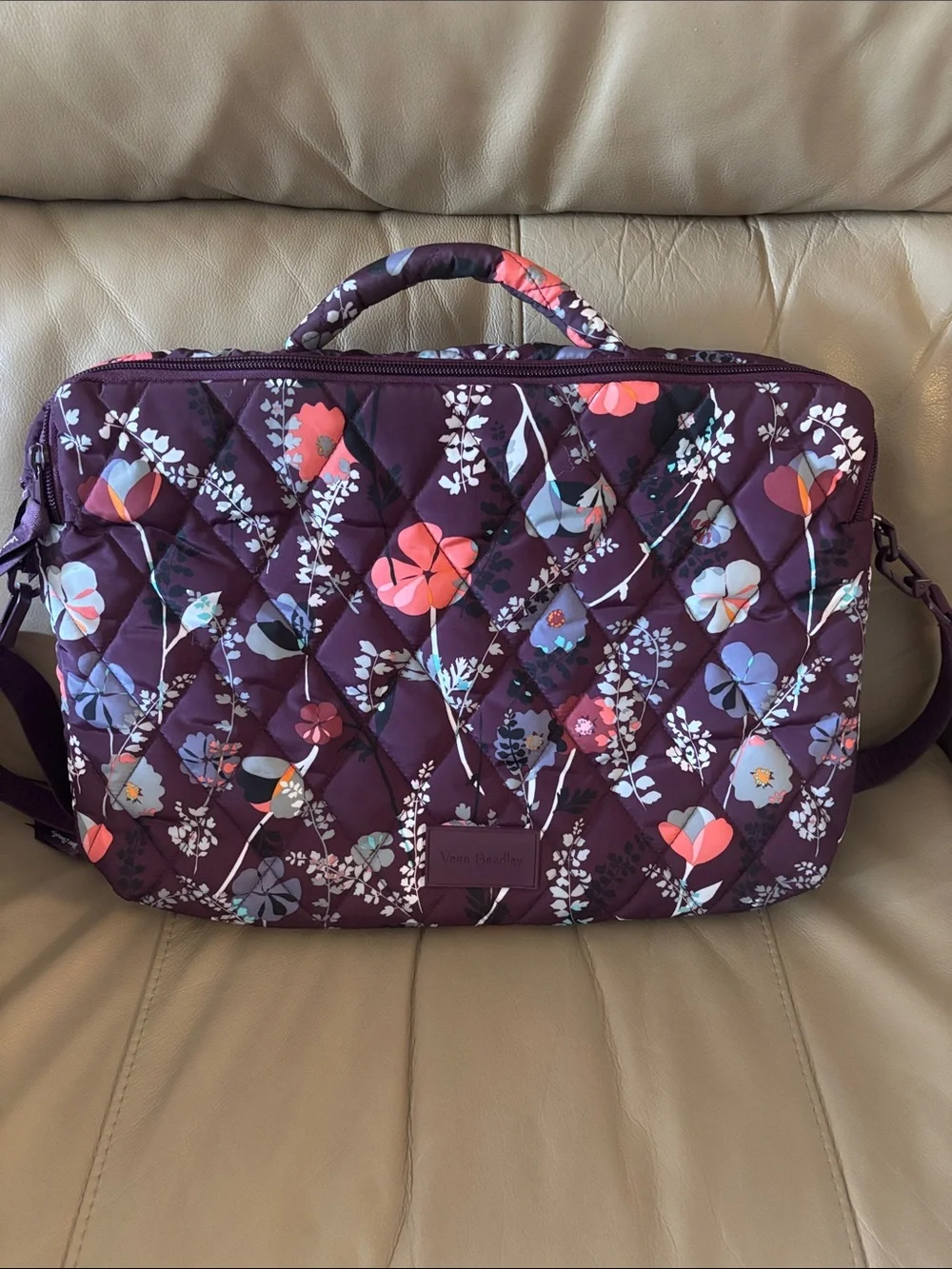 Vera Bradley Quilted Plum Floral Laptop Bag with Coral Accents
